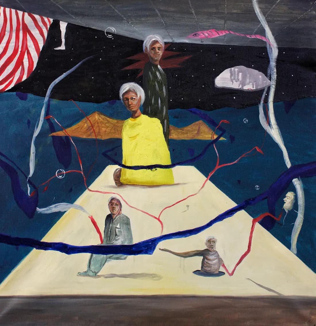 Work “Un mundo compartido” (A Shared World): suspended figures over a dreamlike yellow and blue background