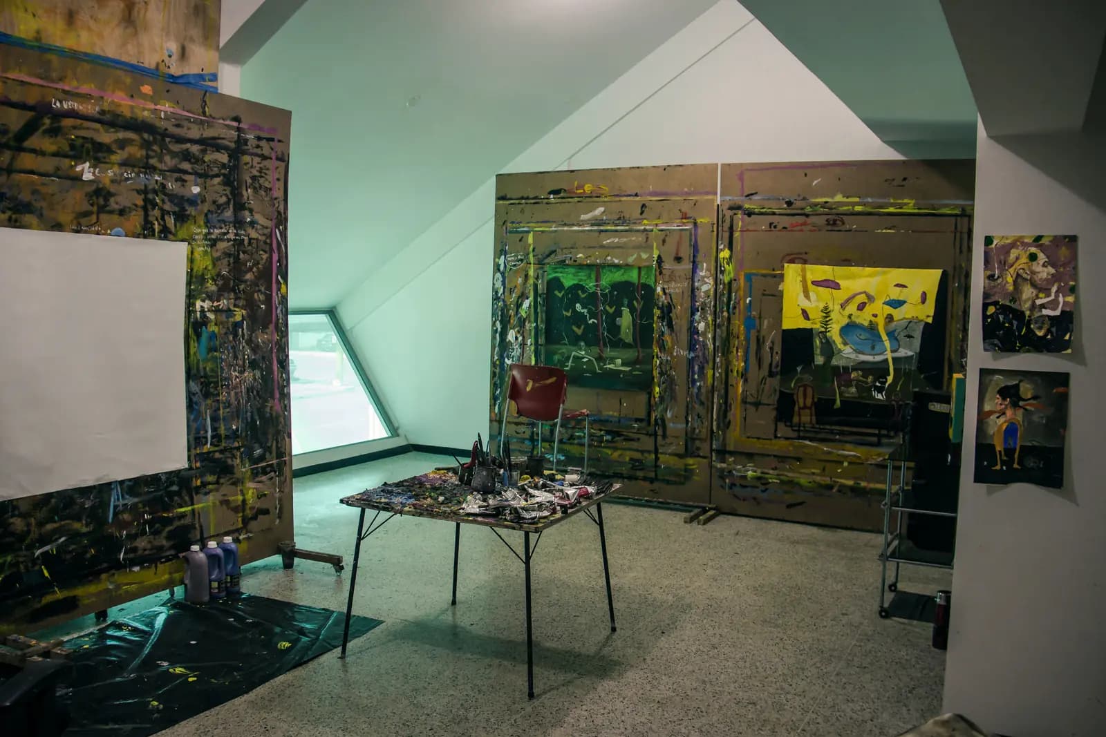 Overview of Johan Galué’s studio in Maracaibo, with works in progress and the worktable